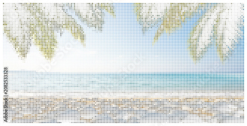 Beautiful sunny tropical beach scene with palm leaves in halftone style.