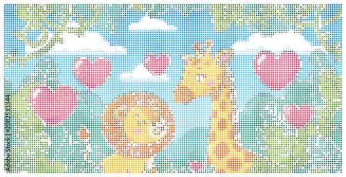Cute lion and giraffe with hearts in jungle forest halftone style vector.