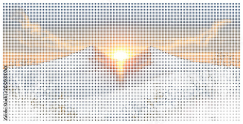 Creative dotted landscape with hands holding sun sunset vector graphics.