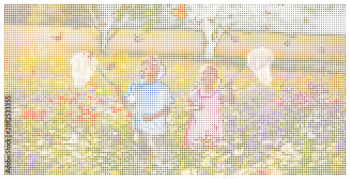 Children catching insects in blooming summer garden halftone illustration.