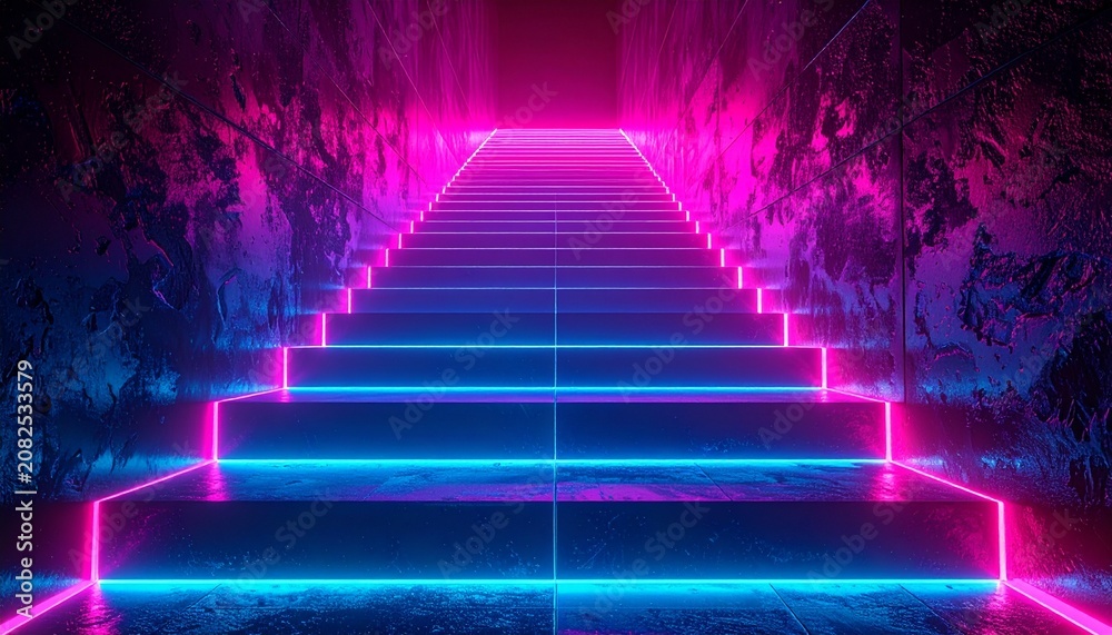 Naklejka premium Abstract infinite neon staircase with glowing gradient light in futuristic underground tunnel, vibrant pink and blue illumination, 3D perspective c...