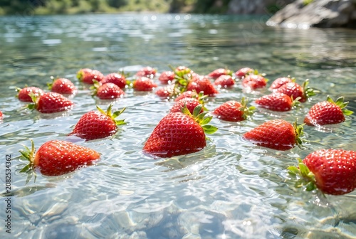 Fresh Strawberries Floating on Crystal Clear Water with Sunlight and Natural Reflections