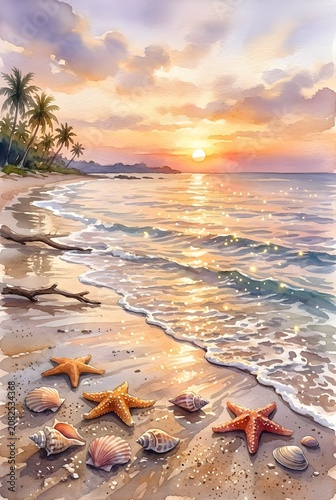 Tropical Beach Sunset with Palm Trees, Seashells, Starfish and Serene Ocean Waves