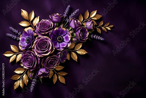 Elegant Purple Floral Arrangement with Golden Roses, Anemones and Lavender on Dark Background