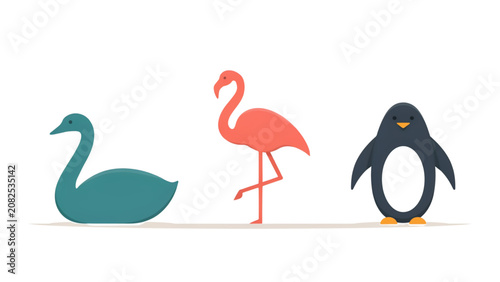Bild auf Leinwand Cartoon trio of swan, flamingo, and penguin standing side by side in a simple gr