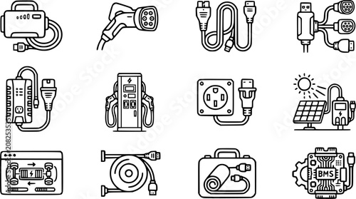 Foto Electric Vehicle Charging and Infrastructure Outline Icons Set - EV Chargers, Ca