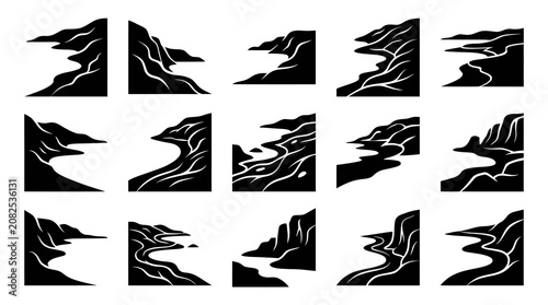 Nature Landscape Silhouette Icons Set - Minimalist Black  White Glyphs of Rivers, Coastlines, and Mountains