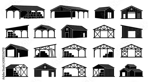 Black and White Barns and Sheds Icons - Agricultural Architecture Vector
