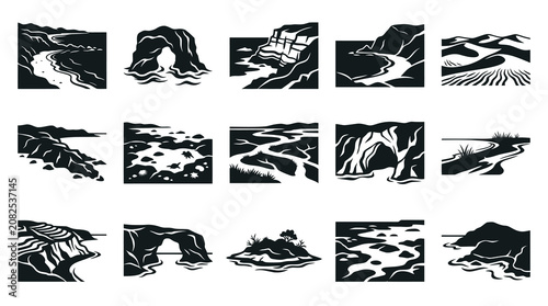 Black  White Natural Landscape Glyphs: Rivers, Mountains, Coastlines, Deserts, and Arches Minimalist Icons