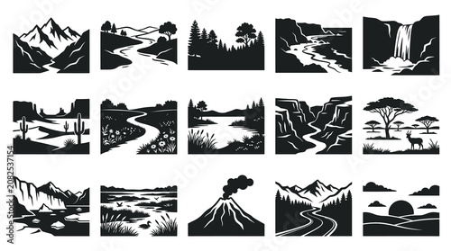 Black and White Vector Icons of Diverse Natural Landscapes, Nature Graphics