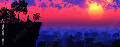Serene Sunset Meditation at Cliff Overlooking Vibrant Forest Landscape