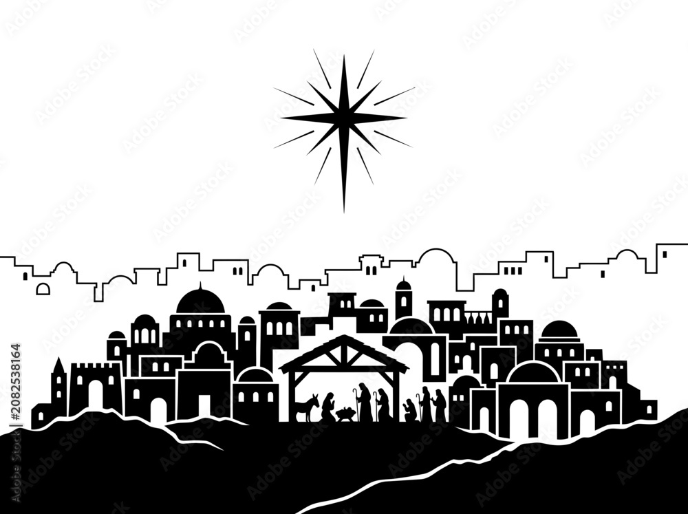 Obraz premium Nativity Scene Silhouette with Star of Bethlehem.