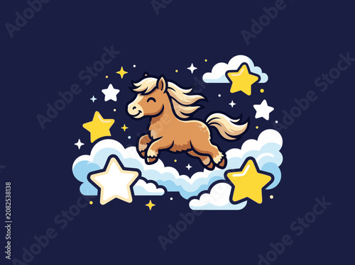 Cute Cartoon Pony Horse Jumping Among Stars and Clouds.