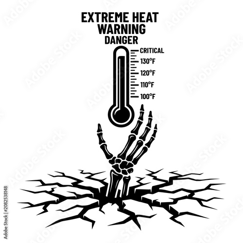 Extreme Heat Warning Danger Skeleton Hand Thermometer Cracked Earth.