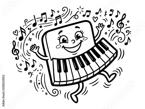 Happy Cartoon Piano Character Dancing with Musical Notes.