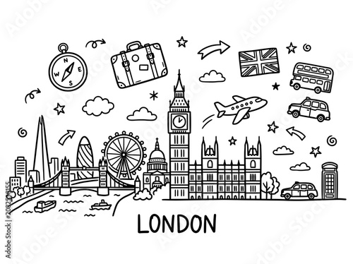 Iconic London Landmarks and Travel Elements Doodle Art.
