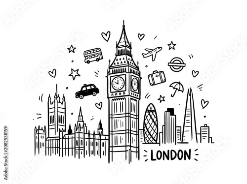 Iconic London Landmarks Doodle Art Style.