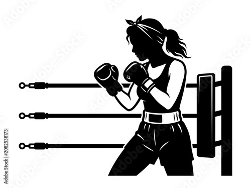 Silhouette of a female boxer in a boxing ring.