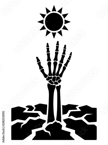 Skeleton Hand Reaching Up From Cracked Earth Under Sun.