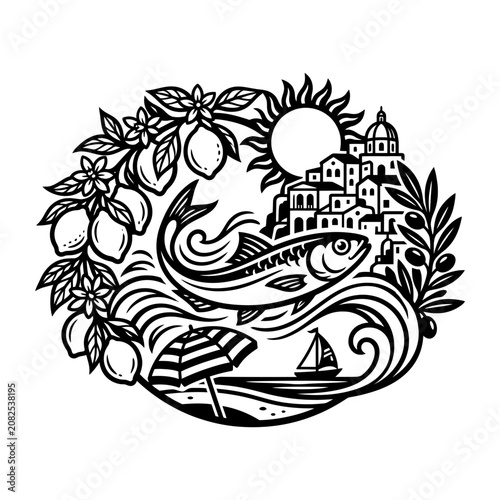 Stylized Italian Coastal Scene with Fish and Lemons.