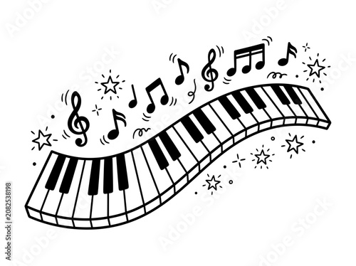 Wavy Piano Keyboard with Musical Notes and Stars Illustration.