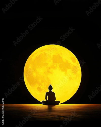 Silhouette of a Meditating Figure Against a Large Yellow Moon