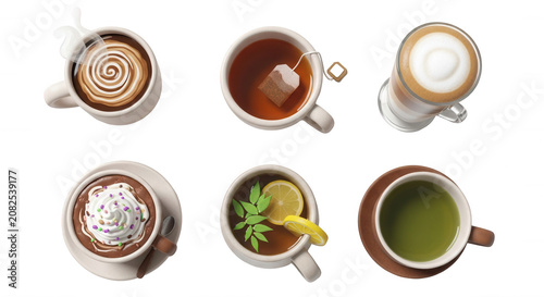 aerial view of assorted warm beverages on a white surface cafe or restaurant menus and food blogs