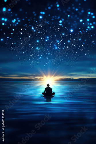 Tranquil Meditation by the Water Under a Starry Night Sky