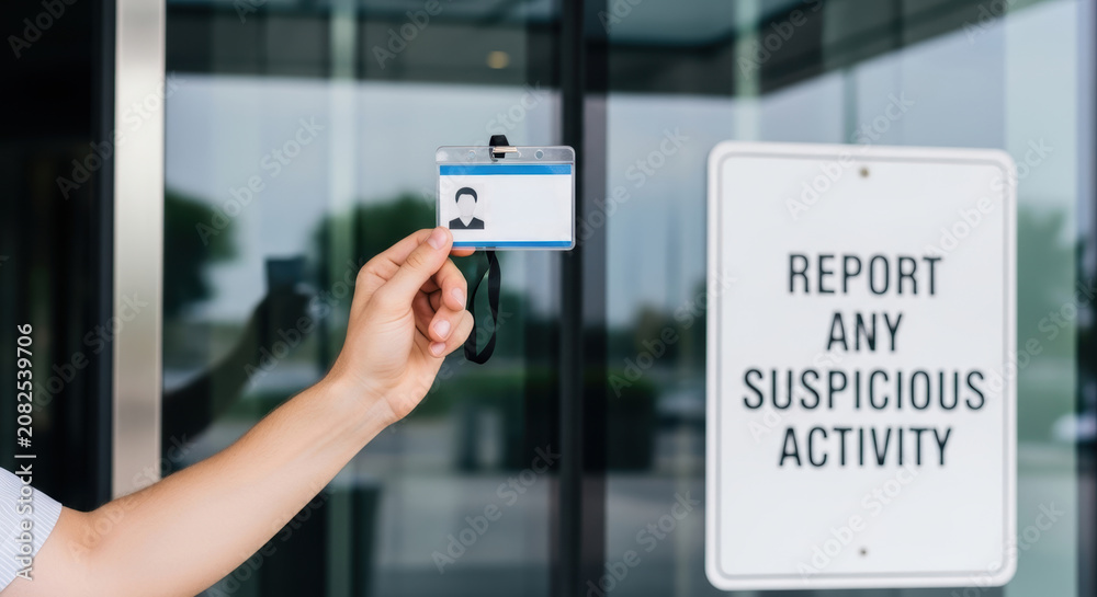 Obraz premium Identification card security badge hand holding report sign suspicious activity glass door cybersecurity awareness office entrance security concept