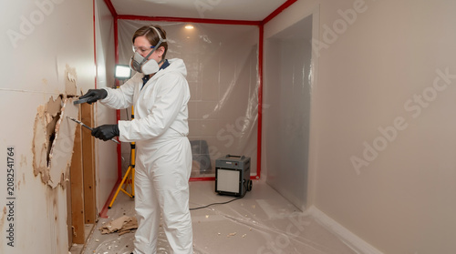 Worker in protective gear removing damaged drywall. Professional mold remediation and home renovation process