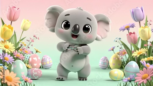 Cute Animated Koala Character Dancing in Easter Spring Meadow with Flowers and Eggs.