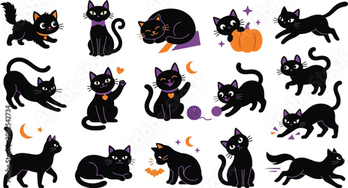 Black cats in various poses on white background