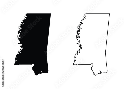 Mississippi State Outline. A graphic representation of the state of Mississippi in both solid black and a white outline, ideal for cartography, travel, or informational graphics.