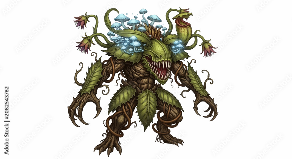 Fototapeta premium a green monster with sharp teeth and flowers on its head.