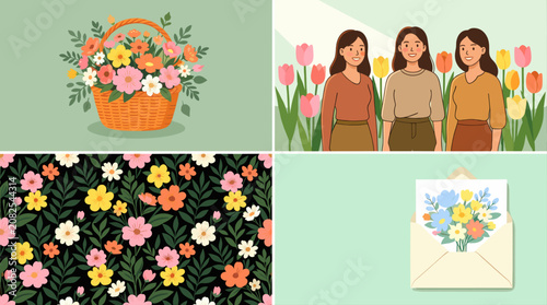Three Women Standing in Tulip Field with Spring Bouquet