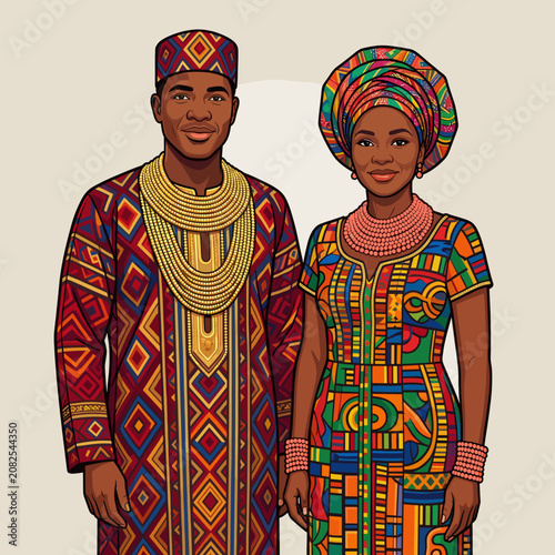 Traditional African Couple Standing Together in Vibrant Cultural Attire