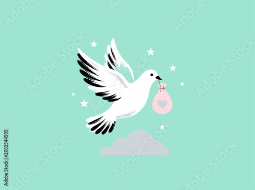 White Dove Flying with Heart-Shaped Gift Bag Against Pastel Sky