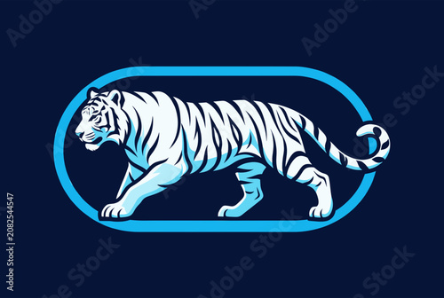 White Tiger Walking Inside Glowing Blue Oval Frame on Dark Background