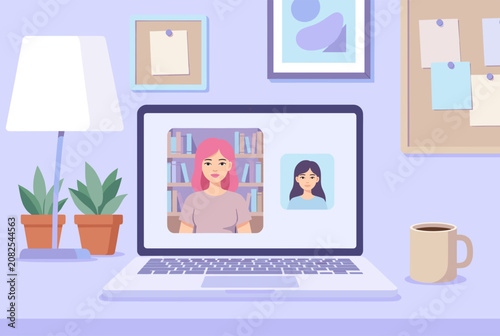 Woman Video Calling on Laptop in Cozy Home Office Scene