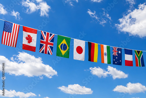 International flags hanging on a string against a bright blue sky background