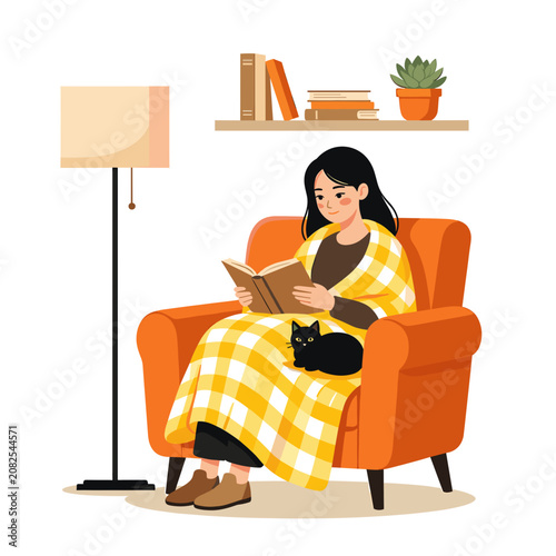 Woman Reading Book in Cozy Armchair with Black Cat