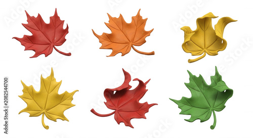 colorful maple leaves in various positions on white background for seasonal graphic design