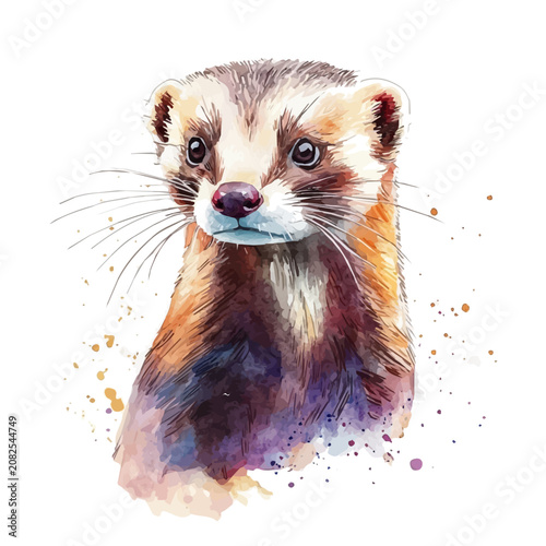 Fotografie Ferret, clipart vector in watercolor style with flowing brushwork, isolated on a white background