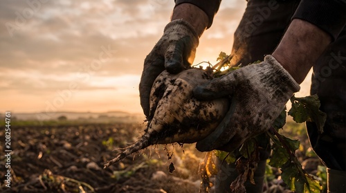 Gloved Hands Lifting Muddy Sugar Beet At Sunset