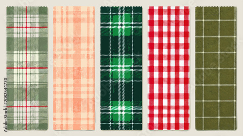 Five Plaid Fabric Swatches Displayed Side by Side on Neutral Background