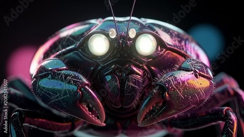 Closeup of a futuristic metallic crab with glowing eyes and colorful reflections.