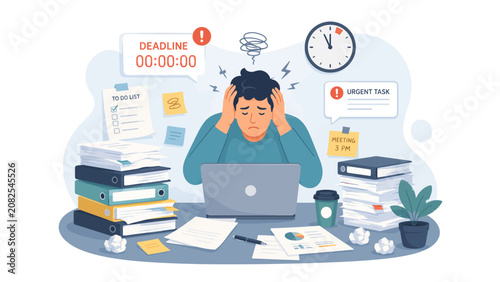 Foto Stressed and overwhelmed office worker suffering from burnout at desk with deadl