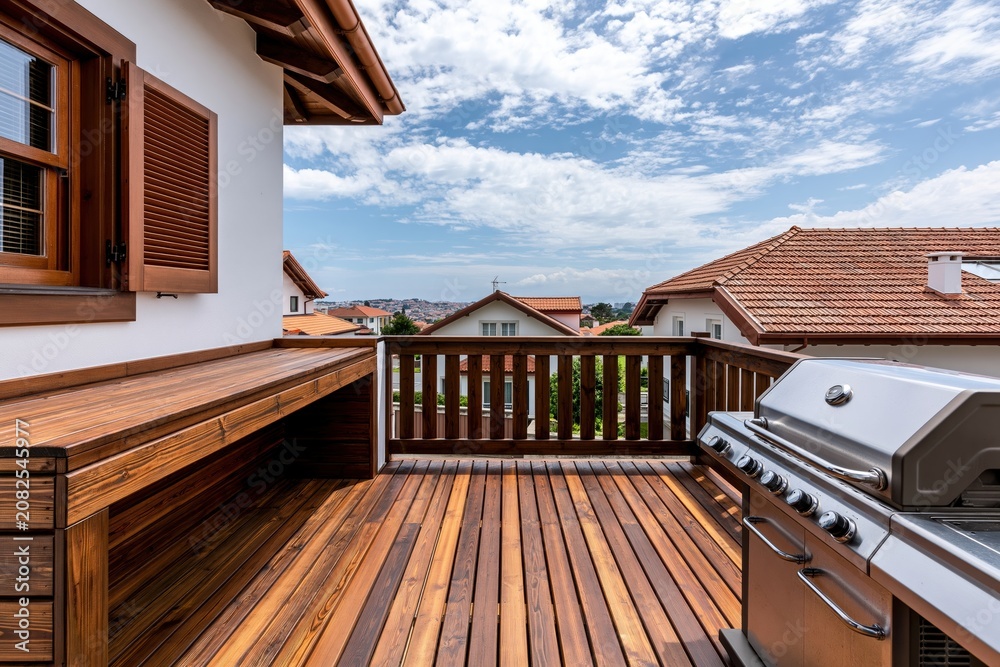 Fototapeta premium Terrace with modern rooftop wooden decking and stainless steel grill for outdoor