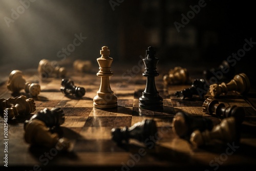 Tableau sur toile A chessboard with only two kings, surrounded by fallen pieces.