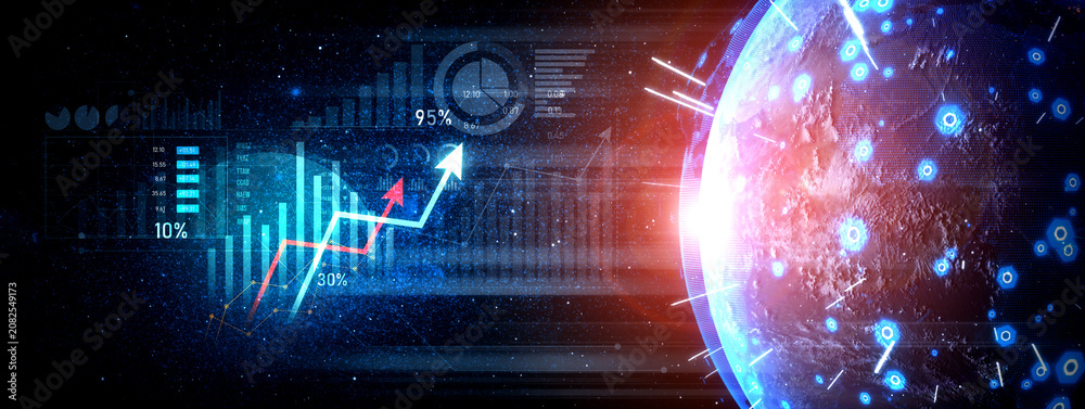 Obraz premium Discover a vivid illustration of futuristic business analytics featuring financial graphs and rising trends, symbolizing global economic growth and digital innovation. Scalp
